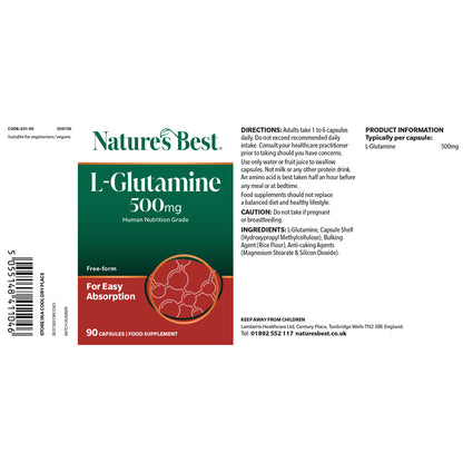 Nature's Best L-Glutamine 500mg supplement packaging on a white background