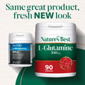 Nature's Best L-Glutamine supplement old and new container with text 'Same great product, fresh NEW look'.