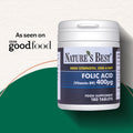 Nature's Best Folic Acid (Vitamin B9) 400Ωg supplement bottle with 180 tablets, shown on a textured off-white background with a green graphic shape and 'As seen on BBC goodfood' text.