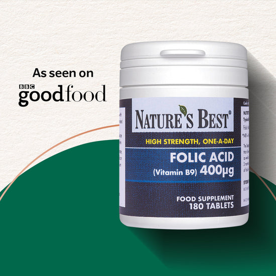 Nature's Best Folic Acid (Vitamin B9) 400Ωg supplement bottle with 180 tablets, shown on a textured off-white background with a green graphic shape and 'As seen on BBC goodfood' text.