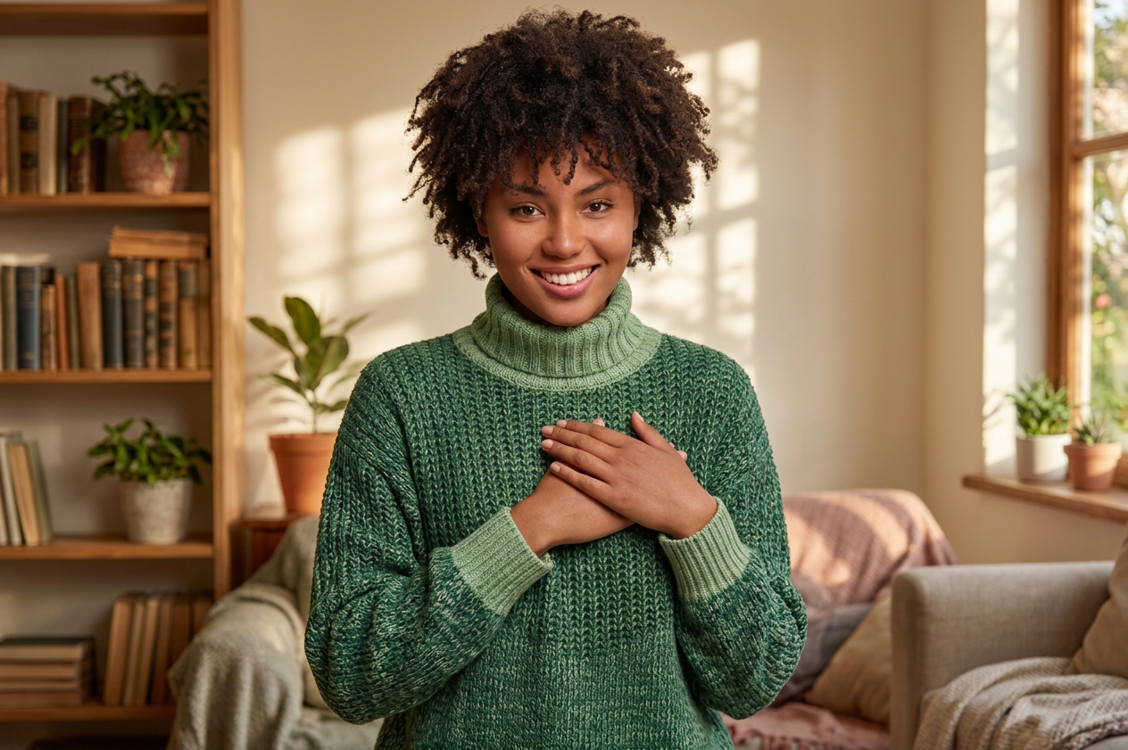 A smiling woman with curly dark hair wearing a green chunky knit turtleneck sweater stands indoors with her hands over her chest, set against a cozy living room background with a bookshelf and window.