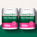 Two containers of Nature's Best Myo-Inositol powder on a gradient background