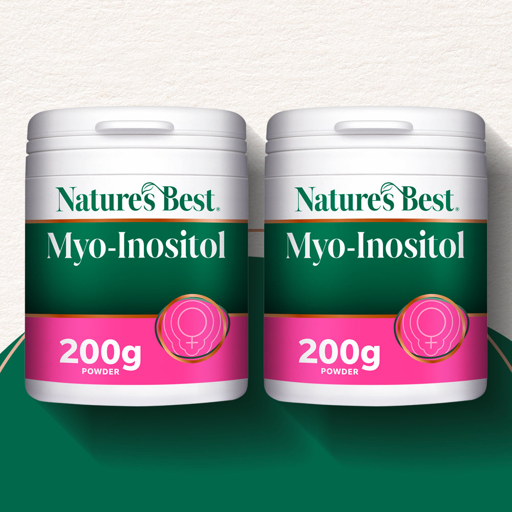 Two containers of Nature's Best Myo-Inositol powder on a gradient background