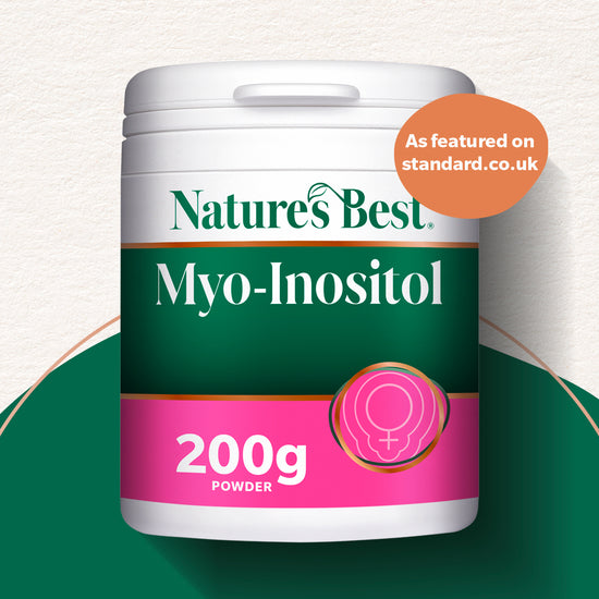 Nature's Best Myo-Inositol powder container on a green and white background