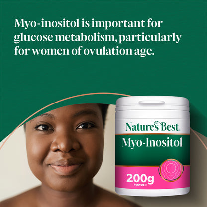 Nature's Best Myo-Inositol supplement with a woman's face and text about glucose metabolism on a green background