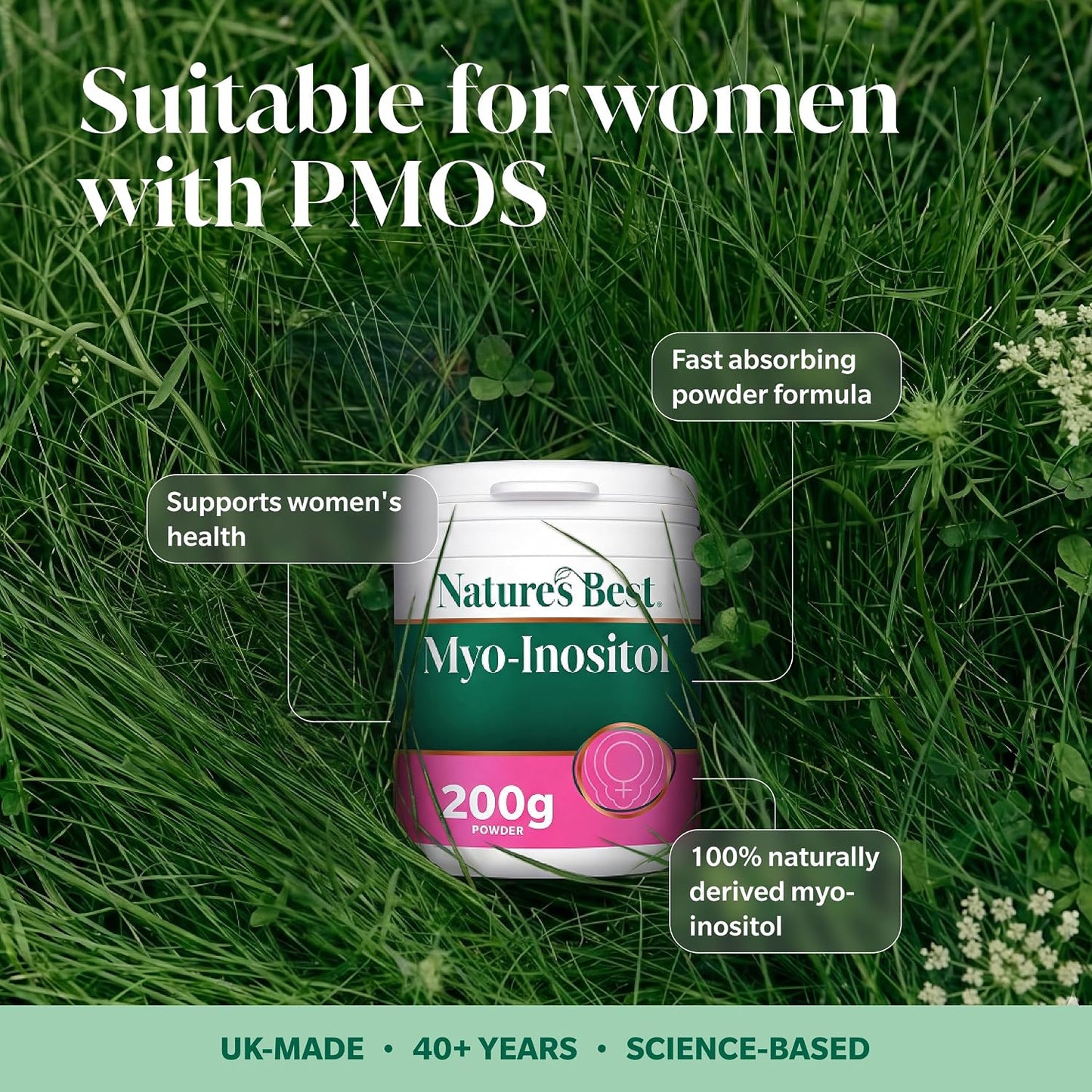 A jar of Nature's Best Myo-Inositol powder placed on a grassy outdoor background with text callouts reading 'Suitable for women with PMOS,' 'Fast absorbing powder formula,' 'Supports women's health,' and '100% naturally derived myo-inositol.'.