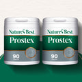 Two containers of Nature's Best Prostex on a green and white background