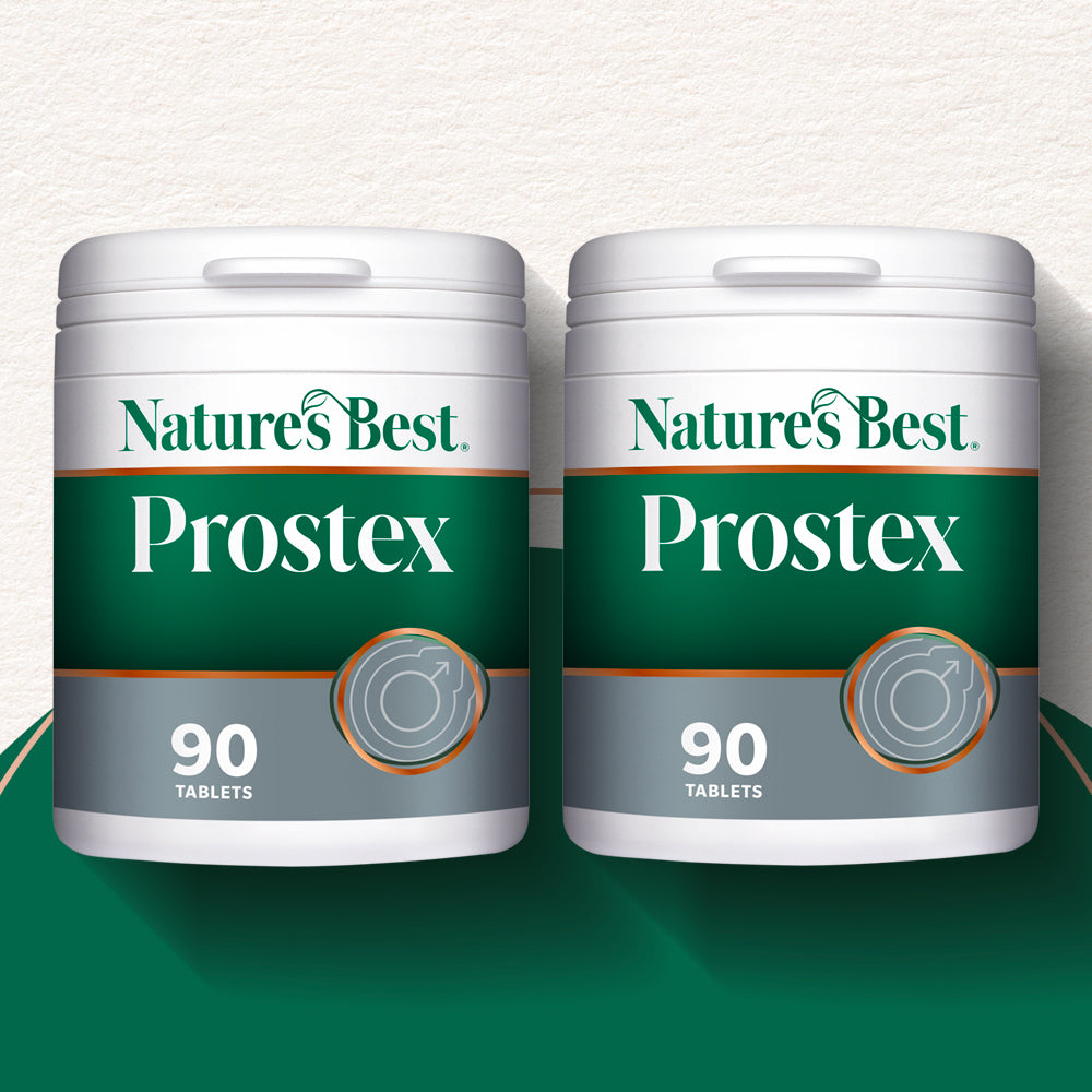 Two containers of Nature's Best Prostex on a green and white background