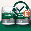 Two containers of Nature's Best Prostex with a checkmark and pound sign icon on a green background.