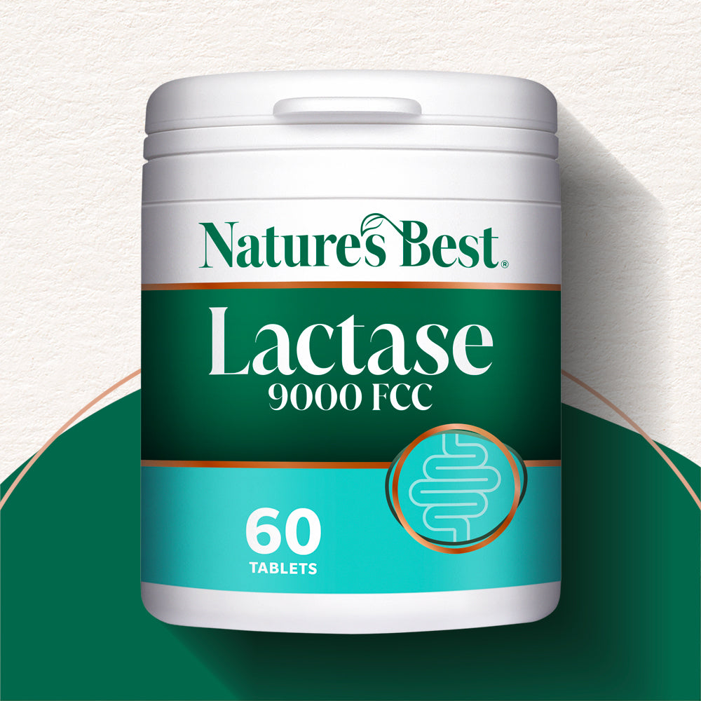 Nature's Best Lactase 9000 FCC supplement container on a green background