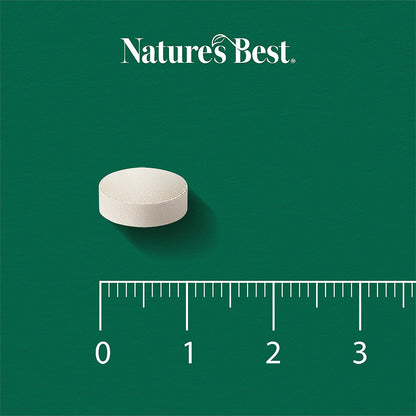 White pill on a green background with 'Nature's Best' branding and a ruler for scale.