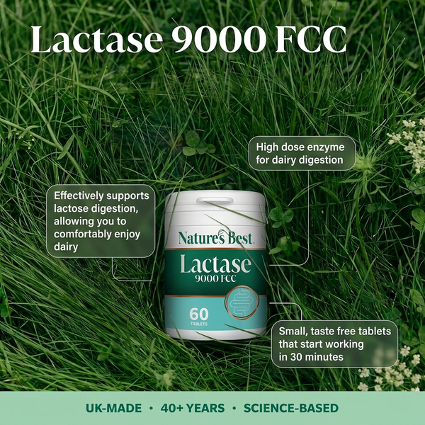 Nature's Best Lactase 9000 FCC supplement bottle placed on a bed of green grass, surrounded by text callouts highlighting its benefits for lactose digestion and small taste-free tablets.
