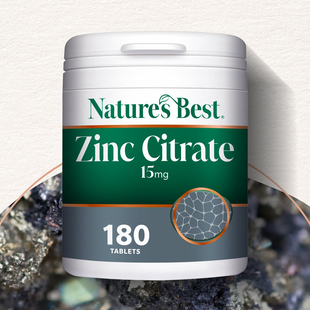 Nature's Best Zinc Citrate supplement container on a textured background