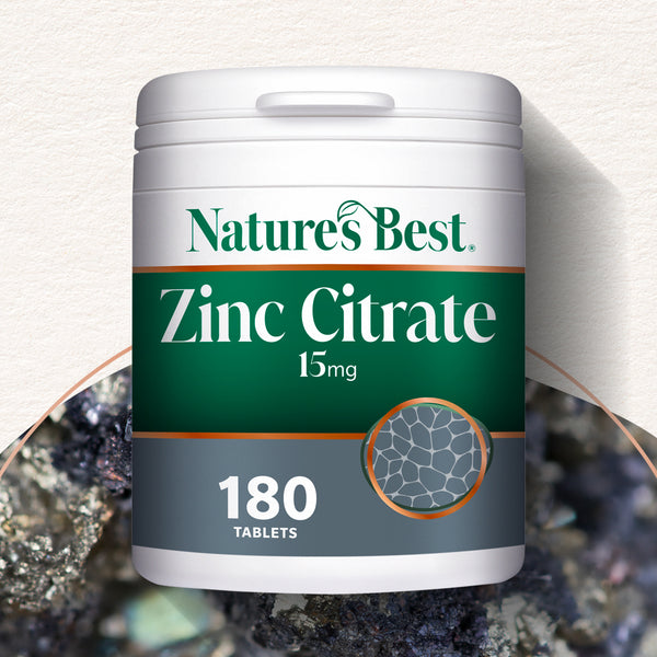 Nature's Best Zinc Citrate supplement container on a textured background
