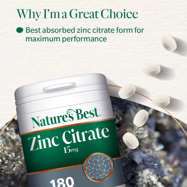 Nature's Best Zinc Citrate supplement container with zinc citrate tablets on a textured background