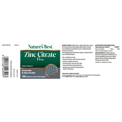 Supplement label for Natures Best Zinc Citrate 5mg on a white background