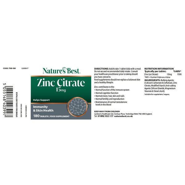 Supplement label for Natures Best Zinc Citrate 5mg on a white background