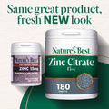 Two containers of Nature's Best Zinc Citrate supplement on a green and white background with text.
