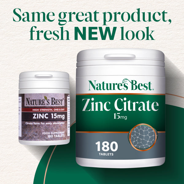 Two containers of Nature's Best Zinc Citrate supplement on a green and white background with text.