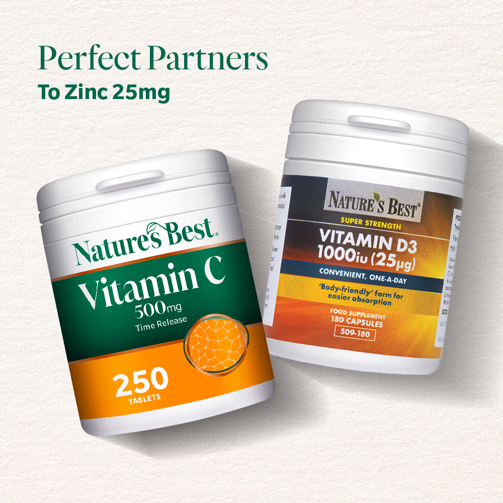 Two white supplement bottles on a light textured background: Nature's Best Vitamin C 300mg (250 tablets) and Nature's Best Vitamin D3 1000iu (25ι) Super Strength. Text at top reads 'Perfect Partners To Zinc 25mg'.