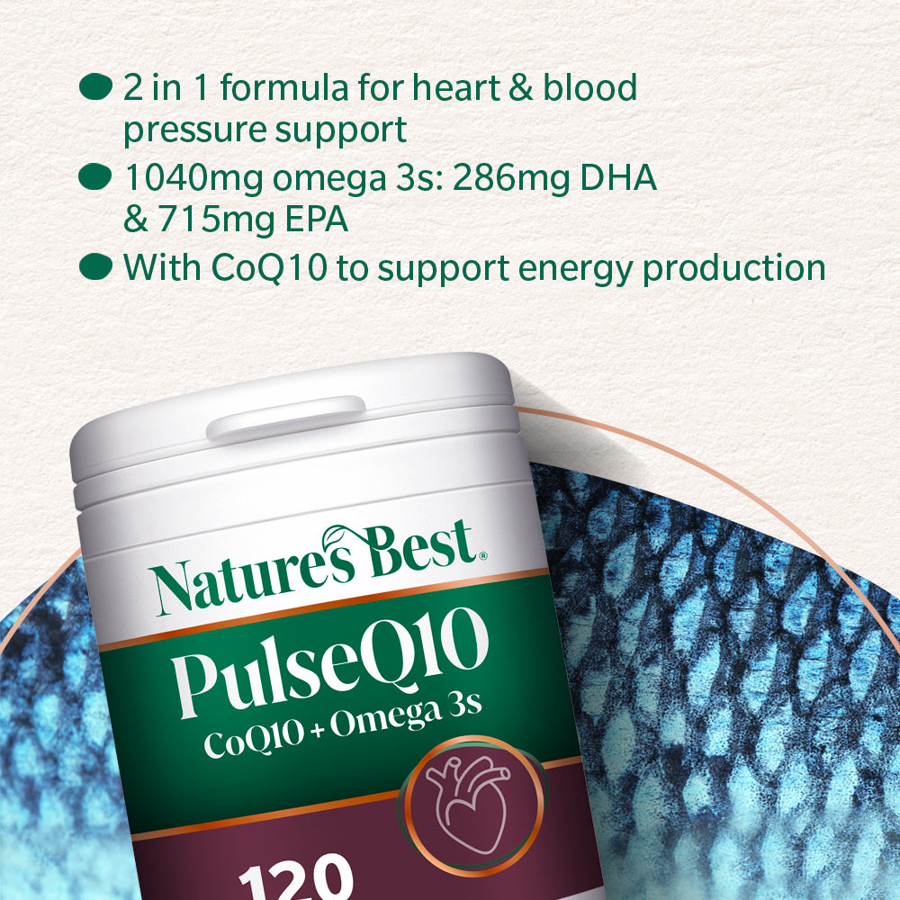 Nature's Best PulseQ10 supplement container with text about heart and blood pressure support.