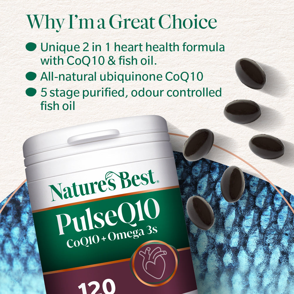 Nature's Best PulseQ10 supplement container with fish oil capsules on a textured background