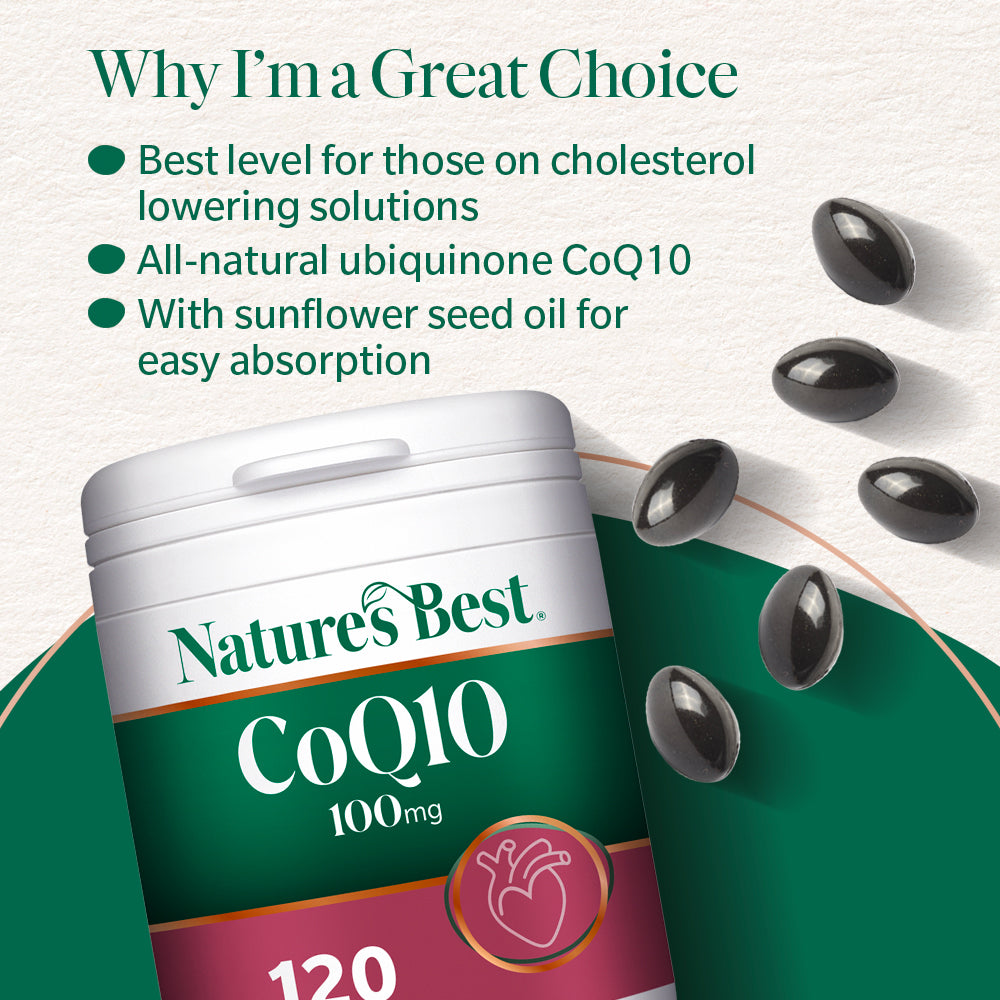 Nature's Best CoQ10 supplement container withCoQ10 capsules on a light background