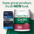 Nature's Best CoQ10 supplement old container and new packaging on a green background with text.