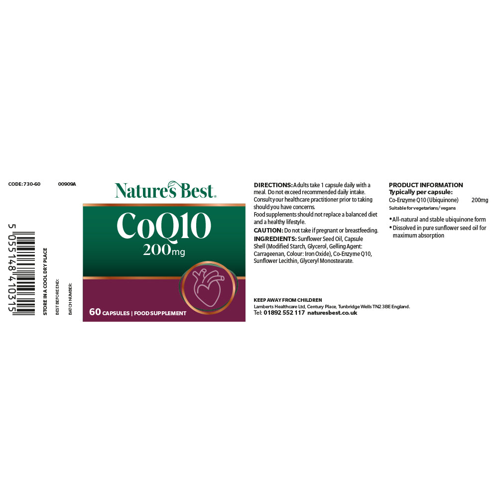 A product label for Nature's Best CoQ10 200mg food supplement, showing the product box design, barcode, directions, ingredients, and product information on a white background.