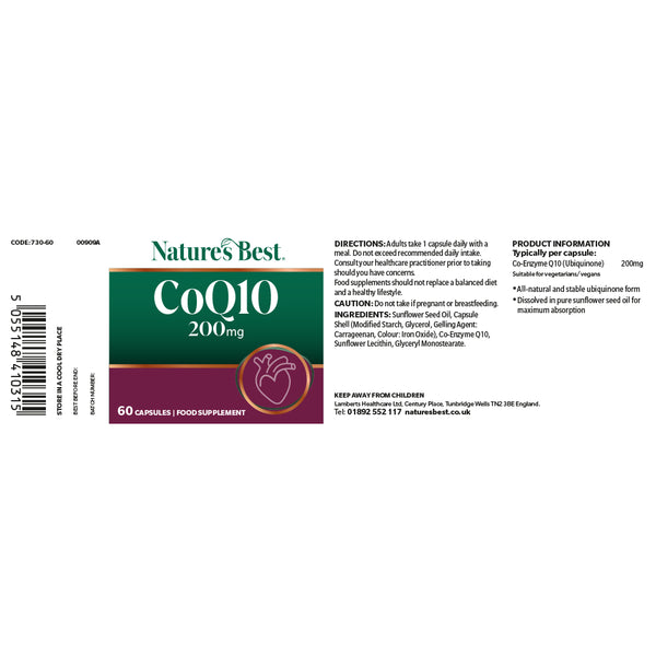 A product label for Nature's Best CoQ10 200mg food supplement, showing the product box design, barcode, directions, ingredients, and product information on a white background.