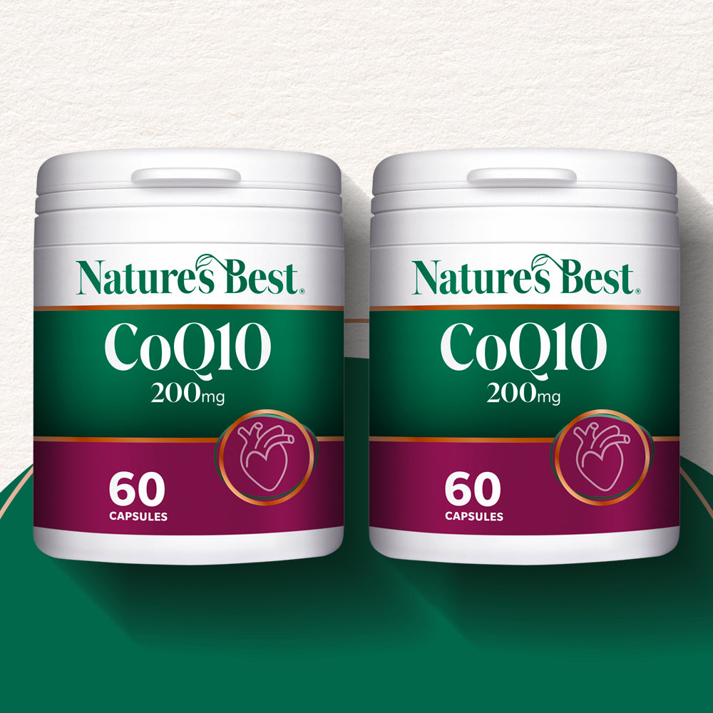 Two containers of Nature's Best CoQ10 200mg capsules on a white background