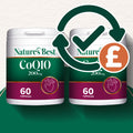 Two containers of Nature's Best CoQ10 200mg capsules with a checkmark and pound sign icon.