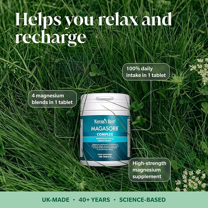 Nature's Best Magnesorb Complex supplement bottle placed on a grassy outdoor background with text callouts describing benefits such as relaxing and recharging, 100% daily intake in one tablet, 4 magnesium blends in 1 tablet, and high-strength magnesium supplement. A green banner at the bottom reads UK-Made, 40+ Years, Science-Based.
