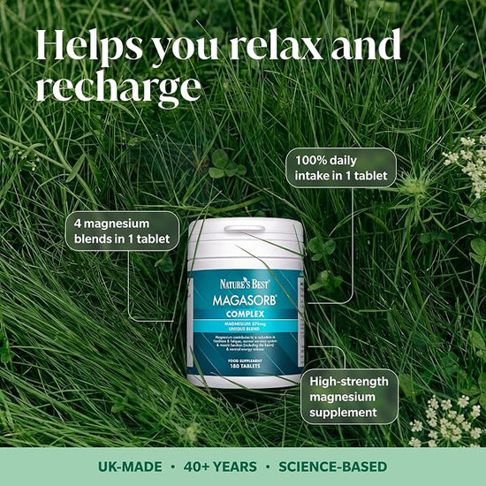 Nature's Best Magnesorb Complex supplement bottle placed on a grassy outdoor background with text callouts describing benefits such as relaxing and recharging, 100% daily intake in one tablet, 4 magnesium blends in 1 tablet, and high-strength magnesium supplement. A green banner at the bottom reads UK-Made, 40+ Years, Science-Based.