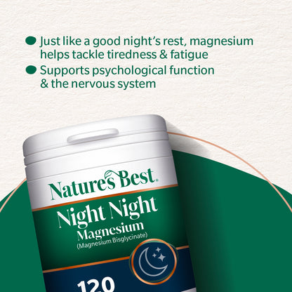 Nature's Best Night Night Magnesium supplement container with text about magnesium benefits on a light green background.