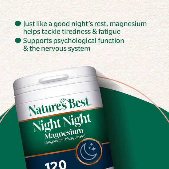 Nature's Best Night Night Magnesium supplement container with text about magnesium benefits on a light green background.