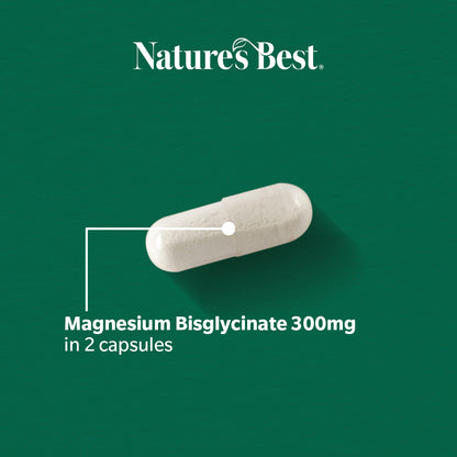 Nature's Best magnesium bisglycinate 300mg capsule on a green background