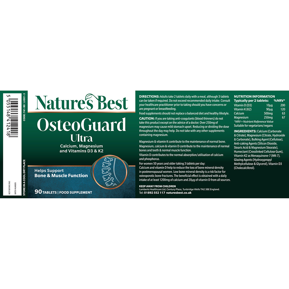 Nature's Best OsteoGuard Ultra dietary supplement box showing product details, directions, ingredients, and nutrition facts on a white background.