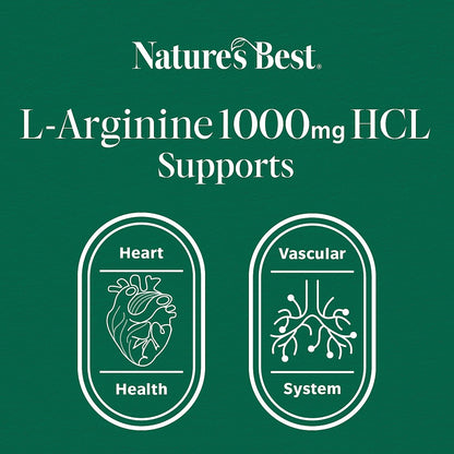 Advertisement for Nature's Best L-Arginine 1000mg HCL with icons of heart and vascular system on a green background.