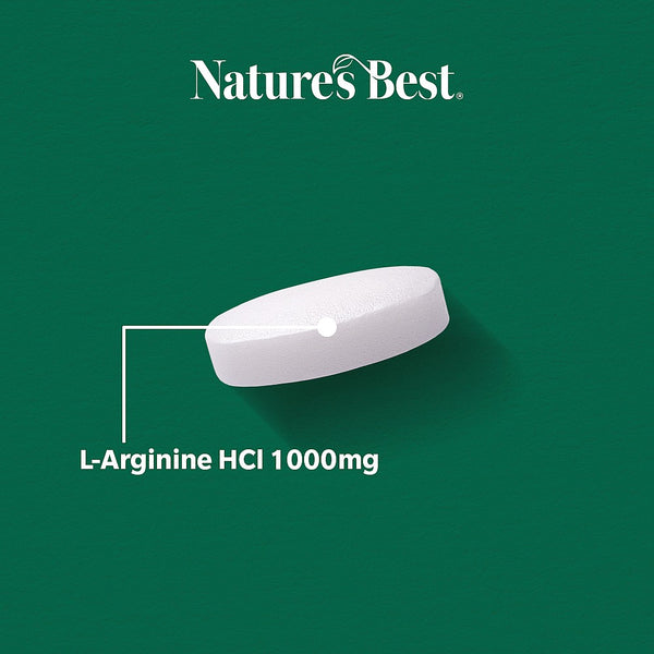 White capsule labeled 'L-Arginine HCl 1000mg' on a green background with 'Nature's Best' branding.