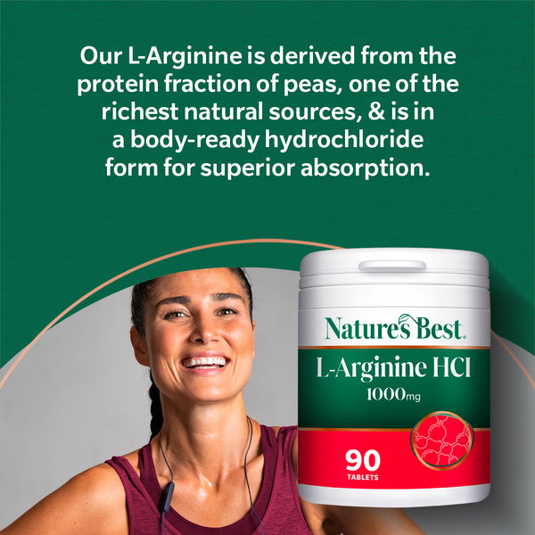 Nature's Best L-Arginine HCI supplement container with a woman in the background