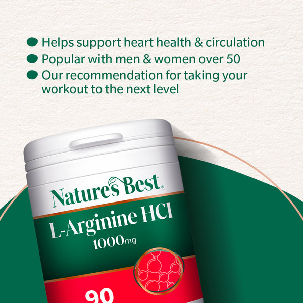Nature's Best L-Arginine HCI supplement container with text on heart health and benefits.