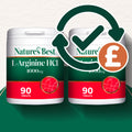Two white Nature's Best L-Arginine HCl 1000mg supplement bottles with green and red labels, shown on a dark green background with a refund arrow and pound icon graphic.