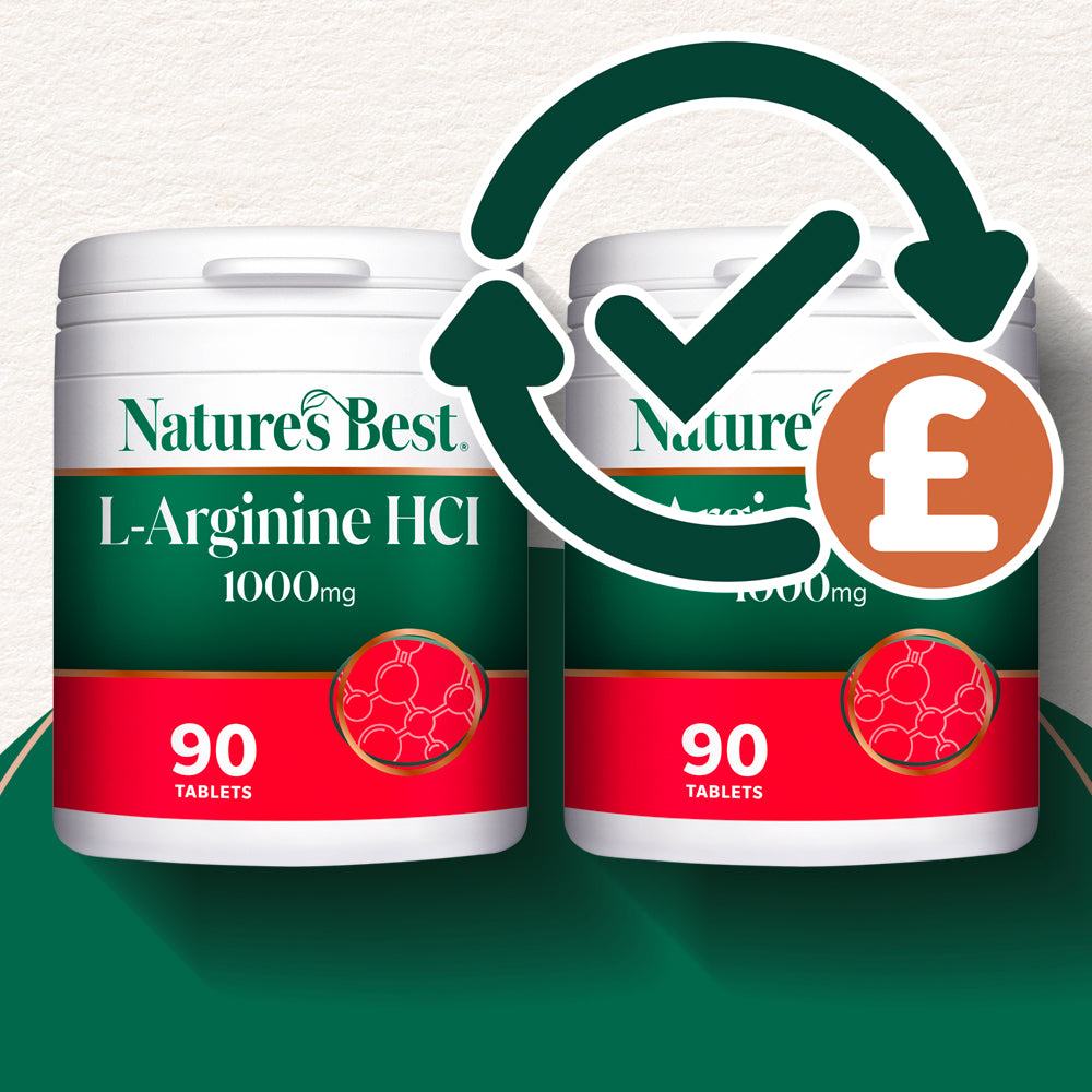 Two white Nature's Best L-Arginine HCl 1000mg supplement bottles with green and red labels, shown on a dark green background with a refund arrow and pound icon graphic.