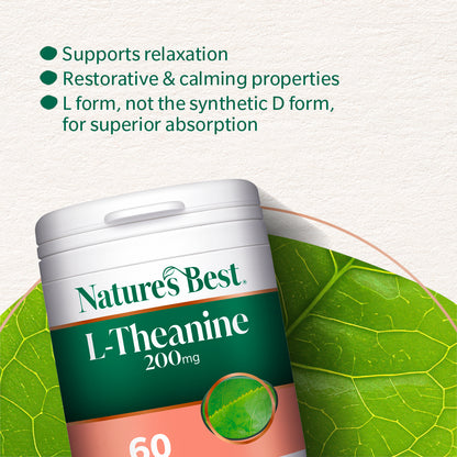 Nature's Best L-Theanine supplement container on a green leaf background