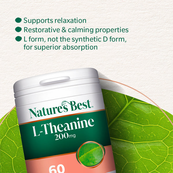 Nature's Best L-Theanine supplement container on a green leaf background