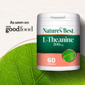 Nature's Best L-Theanine 200mg supplement bottle with a white cap, featuring a green and peach label, set against a textured off-white background with a large green leaf graphic and 'As seen on BBC goodfood' text.