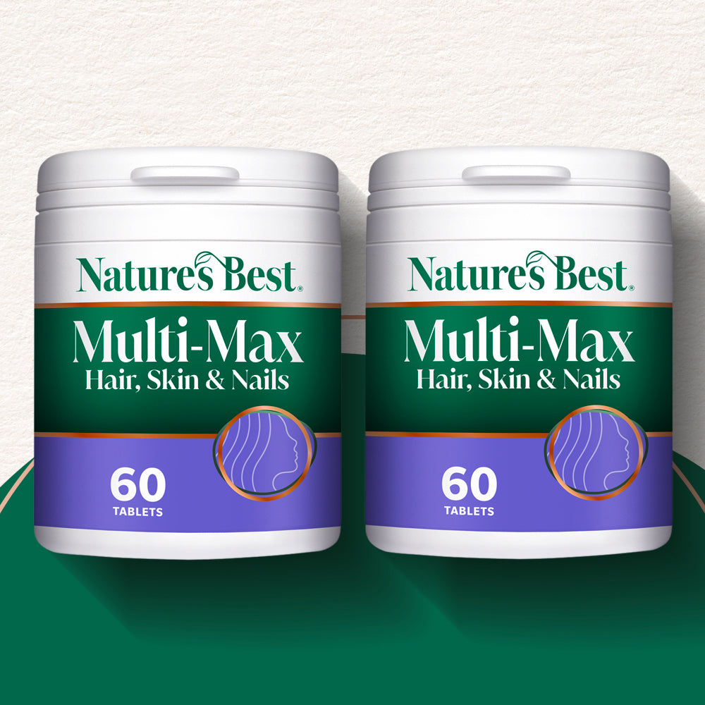 Two containers of Nature's Best Multi-Max Hair, Skin & Nails supplement on a white background