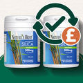 Two white plastic bottles of Nature's Best Silica 200mg food supplement, shown side-by-side with a green circular recycling arrow graphic and a brown orange price badge overlay on a textured white background.