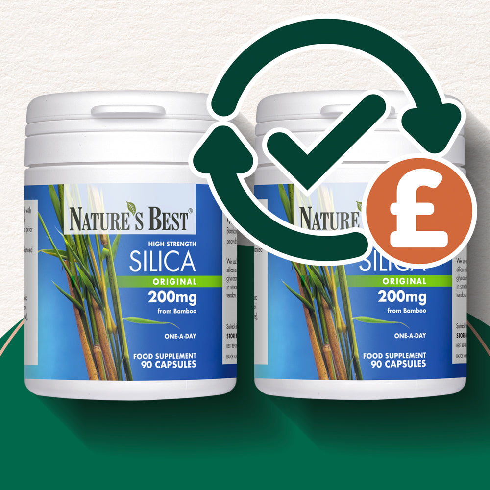 Two white plastic bottles of Nature's Best Silica 200mg food supplement, shown side-by-side with a green circular recycling arrow graphic and a brown orange price badge overlay on a textured white background.